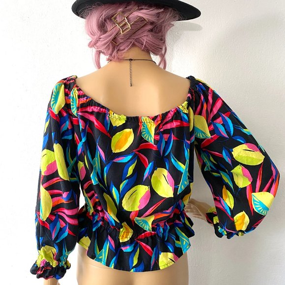 Colorful Ruffled Crop Top Lemon Print Blouse Resort Fashion Tropical Vacation M - Picture 5 of 7